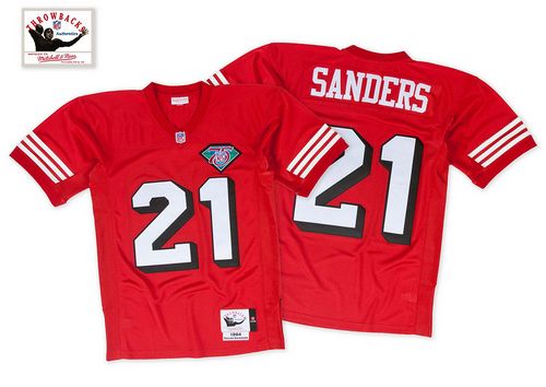 Men's Red Mitchell And Ness 75TH 49ers #21 Deion Sanders Stitched Throwback Football Jersey
